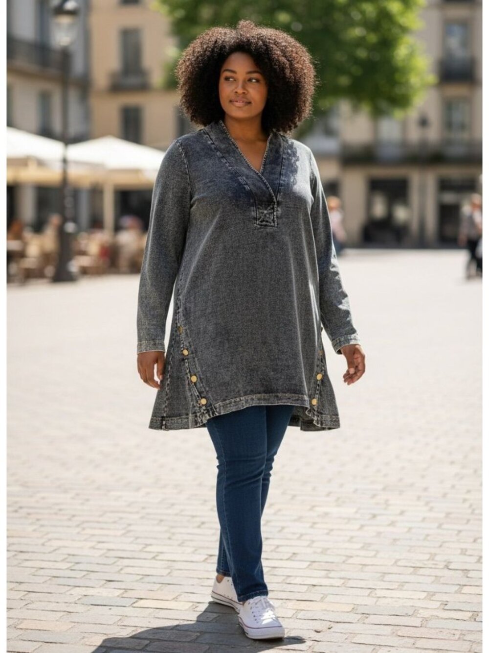 Soft Surroundings Womens S Denim Tunic Top Blue Cotton Stretch Side Buttons